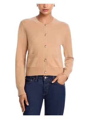 Aqua Womens 100% Cashmere Crewneck Button Front Cardigan Camel Brown M thumbnail 6