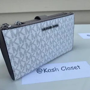 Michael Kors Bright White Double Zip Wristlet Large MK Signature Wallet thumbnail 1