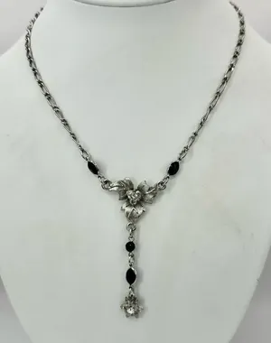 silver tone and black floral rhinestone pendant necklace thumbnail 1