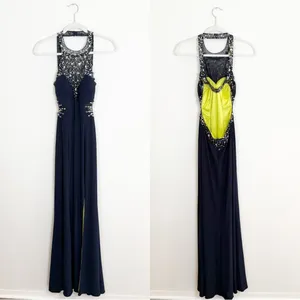 Betsey and Adam Navy Blue Yellow Beaded Maxi Dress Size 2 thumbnail 3