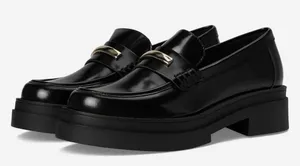 Steve Madden Black Leather Lug Sole Penny Loafers with Gold Hardware Size 10 thumbnail 1