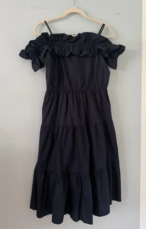London Times Navy Off-Shoulder Tiered Midi Dress thumbnail 1