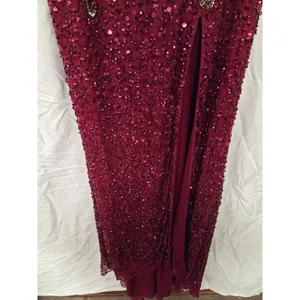 Zasa Chic by Karishma Creations Long Dark Red Hand Beaded Slit Pageant Dress 4 thumbnail 5