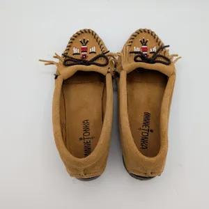 Minnetonka Thunderbird II Suede Moccasins Tan‎ Beaded Fringe Womens 6 177 thumbnail 6