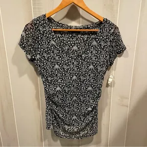 Cute mesh floral vines v-neck ruched top INC maximalist Y2K vibes stretchy thumbnail 1