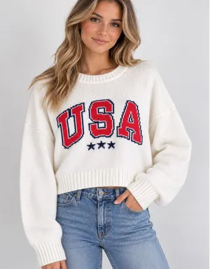 Grayson Threads Women XL USA Graphic Cropped Sweater Cream Knit Long Sleeve NWT thumbnail 1