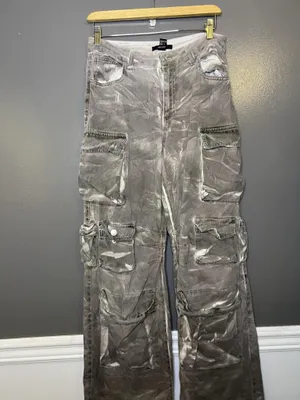 Forever 21 Custom Bleach Dye Womens Medium Gray Cargo Wide Leg Denim Streetwear thumbnail 2