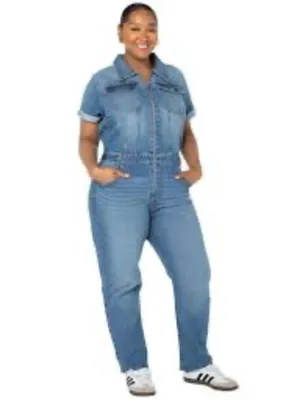 Celebrity Pink Light Blue Denim Short-Sleeve Jumpsuit thumbnail 2