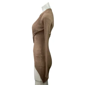 Alix NYC Beige Ribbed Knit Long Sleeve Twist Front Asymmetric Blouse Top Size S thumbnail 2