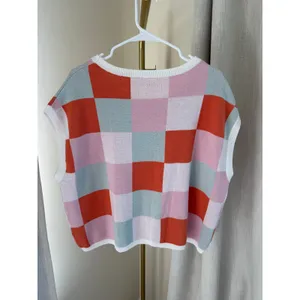 Knit Vest Women's Size XL Pink Colorblock Checkered Sleeveless Coastal Grandma thumbnail 3
