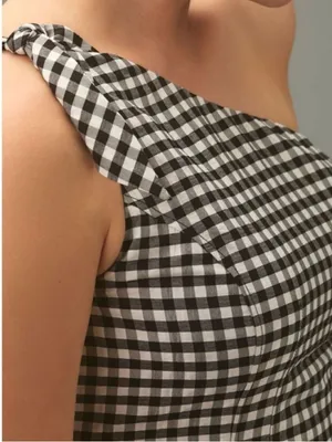 By Anthropologie One-Shoulder Black White Gingham Midi Dress XXS thumbnail 3