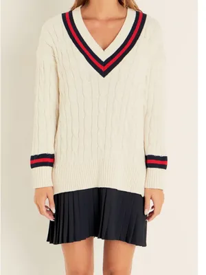English Factory Cream Cable Knit V-Neck Sweater with Navy and Red Trim thumbnail 3
