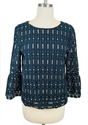 LOFT‎ Navy Blue Geometric Lace Bell Sleeve Blouse Top Small Romantic Feminine thumbnail 1
