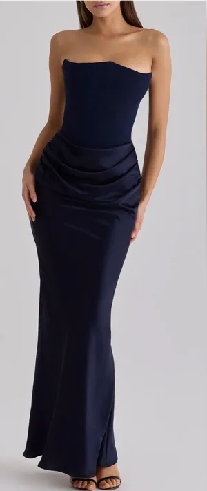 NEW HOUSE OF CB Persephone Strapless Corset Satin & Stretch Crepe navy Gown Sz M thumbnail 1