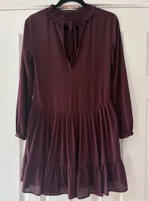 Sunday Best Aritzia Burgundy Lace Trim‎ Ruffle Neck Long Sleeve Mini Dress XS thumbnail 1
