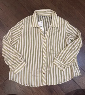 Zara Striped Green & Cream Button-Up Women's Shirt Size XL NWT - C30-139 thumbnail 1