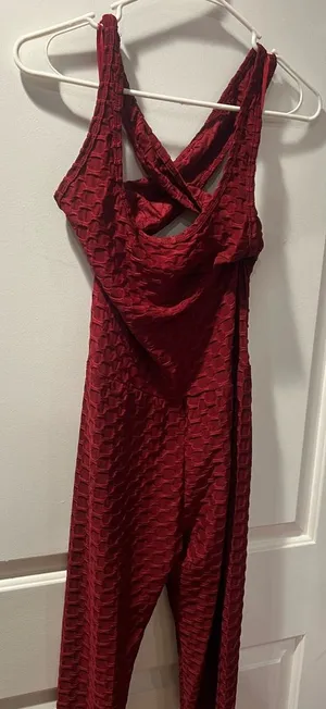 Women’s Backless Red Textured Dress with Cross-Back Detail thumbnail 1