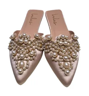 Lulu's Champagne Pearl-Embellished Pointed slip on Mule Bridal regency core thumbnail 1