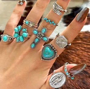 NEW 10pcs Boho Western Stacking Rings – Vintage Cross, Heart, & Floral Set thumbnail 1