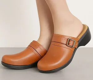 Vionic Orthotic Leather Clog Mules‎ Women's 7 EU 38 Tan Cognac Adjustable Buckle thumbnail 1
