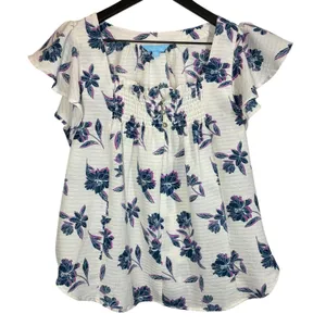 Draper James Top Flutter Sleeves Floral Blue Purple Off White Womens Size Small thumbnail 1