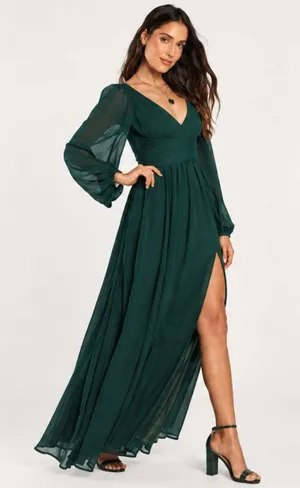 LULU's Sexy Elegant Long Sleeve Romantic Flowy Bridesmaid Wedding Formal Gown thumbnail 1