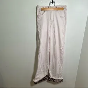 Q2 Premium Denim Womens Sz XS Wide Leg Pants Leopard Print Trim Cream Light Pink thumbnail 2