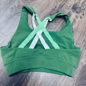 Green sports bra cross back strappy contrast sz S yoga pilates stretch thumbnail 2