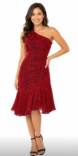 Club Monaco 100% silk Crimson One-Shoulder Ruffle Hem Midi Dress thumbnail 1