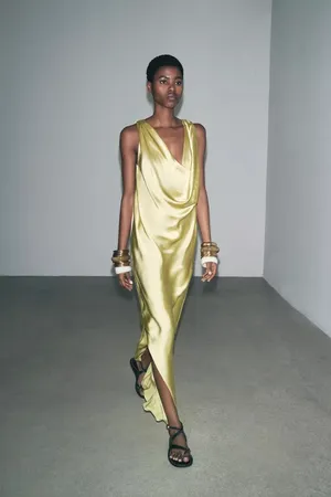 Zara maxi dress zwcollection satin flowy Sleeveless Lime evening party wedding thumbnail 13