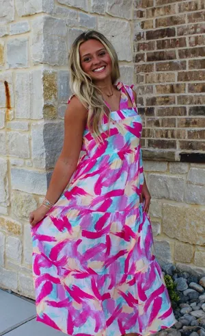 Blu Pepper Brush Stroke Print Tiered Midi Dress Size Medium NWT thumbnail 1