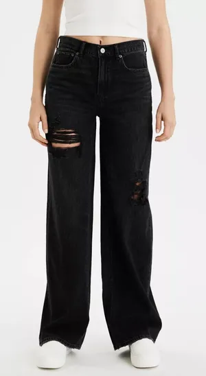 American Eagle Skater Jean Black‎ Distressed Baggy Wide Leg Grunge Size 8 Short thumbnail 1
