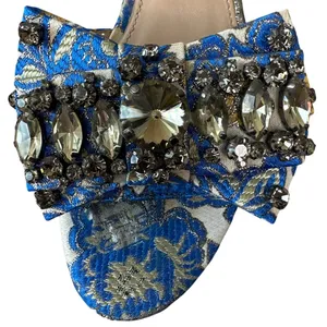 Tory Burch‎ Valentina Brocade Crystal Bow Slide Sandals Blue Gold 8 thumbnail 10