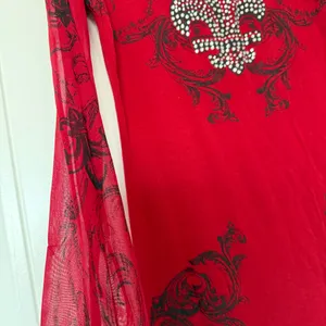 Y2K Gothic Rhinestone Fleur-de-Lis Mesh Sleeve Top ❤️ Red & Black Baroque | Mi Manchi Small thumbnail 4