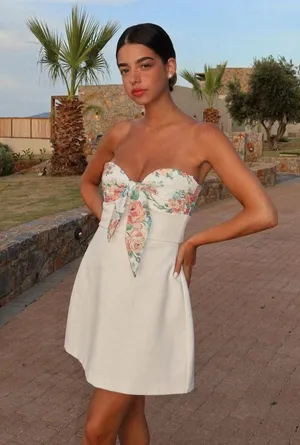 ZARA Floral White Strapless Dress thumbnail 1