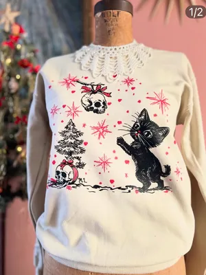 Miss Ladybug Skull & Cat Sweatshirt Red Size XS thumbnail 1