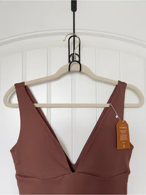 Reoria Medium Mocha Brown Plunge‎ Neckine Minimalist Bodysuit Capsule Wardrobe thumbnail 3