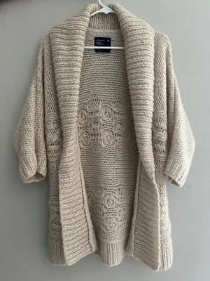 American Eagle Wool Mohair Open Front Chunky Knit Shawl Cardigan Y2K L thumbnail 2