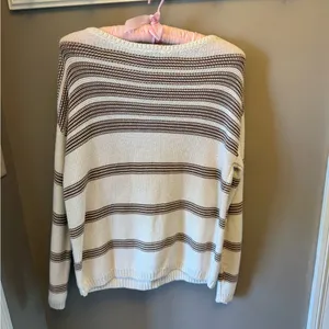 Ann Taylor Cream and Brown Striped Crewneck Sweater thumbnail 3