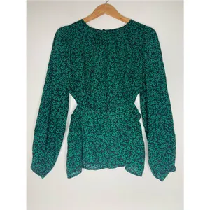 GAP Green Floral Cutout Peplum Rayon Long-Sleeve Top S Casual thumbnail 2