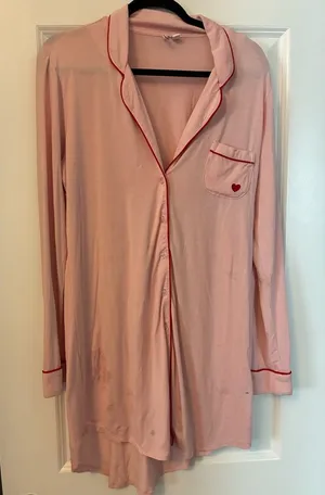 Nordstrom pink long sleeve button up nightgown with red trim #loungewear #cozy thumbnail 1