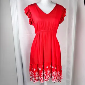 SOLITAIRE Red Summer Dress Women’s Size Medium Boho Eyelet Hem Ruffle Sleeve thumbnail 3