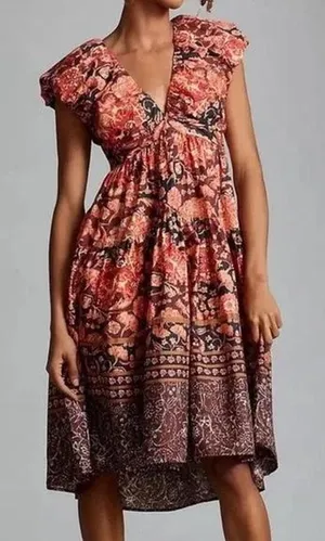 Anthropologie Printed Tie V-Neck Babydoll Dress Womens‎ Size 2 Rust Floral thumbnail 1