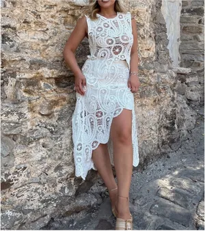 White Lace Two-Piece Skirt Set - Women's Summer Outfit size M thumbnail 8