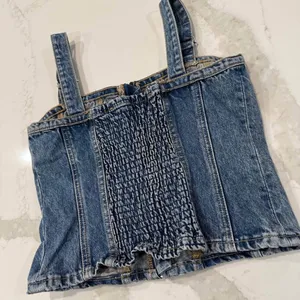 Zara y2k Denim Bustier Crop Top Womens Size Small Blue Smocked Back Front Zipper thumbnail 7