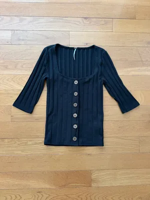 Free People Central Park Women's Black Ribbed Button-Front Top Size XS thumbnail 13