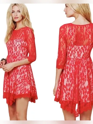 Free People Red Lace Fit & Flare Mini Dress 10 Boho Romantic Whimsigoth skater thumbnail 2