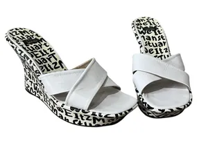 Stuart Weitzman New Black & White Leather‎ Graffiti Print Logo Sandal Wedge 9.5 thumbnail 1