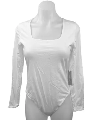 NEW Everlane White Supima Cotton Square Neck Long Sleeve Thong Bodysuit Size M thumbnail 1