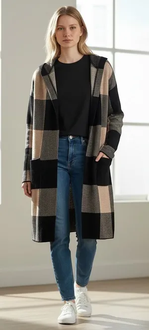 Rachel Zoe Plus Size 2X Hooded Cardigan Buffalo Plaid Open Front‎ Sweater thumbnail 1